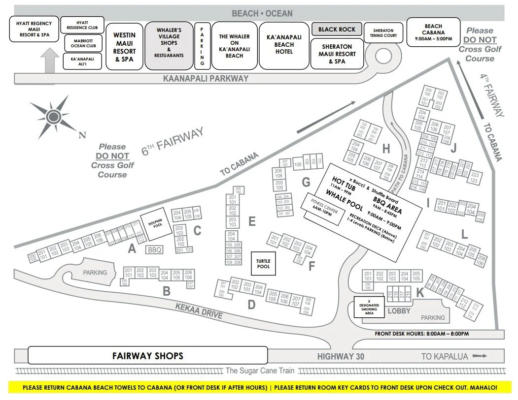 Owner-supplied Maui Eldorado resort site map showing buildings A–L, pools, fitness center, BBQ area, lobby, beach cabana, Kaanapali Beach and Royal Kaanapali Golf Course, with Suite F-201 marked