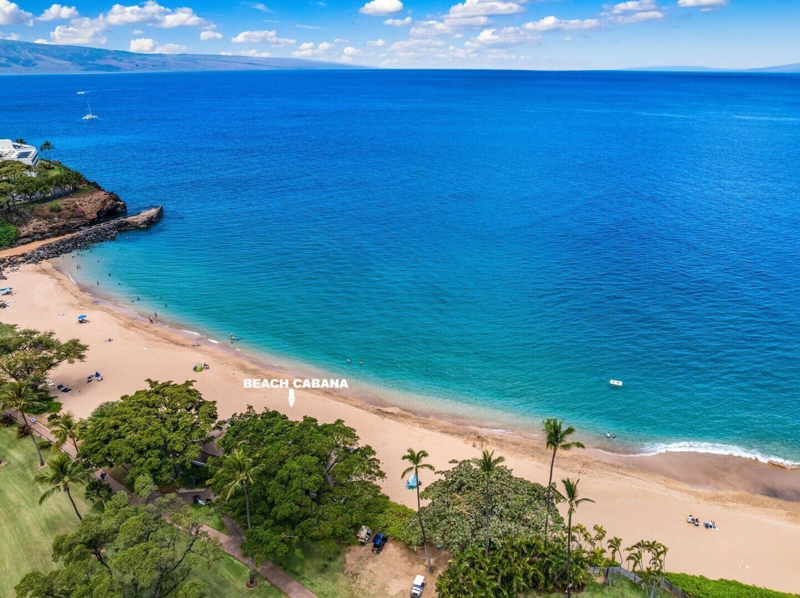 Aerial view of North Kaanapali Beach, with the Maui Eldorado beach cabana marked on the shoreline